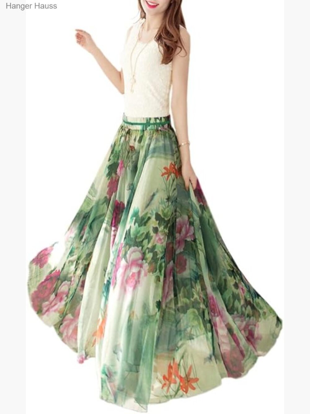 Chiffon Maxi Skirt High Waist Elastic Flowy Long Skirt Daily Wear